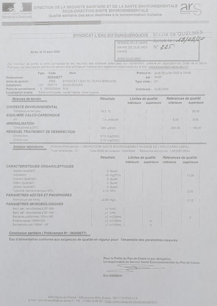Analyse de l eau a quelmes juillet 2020