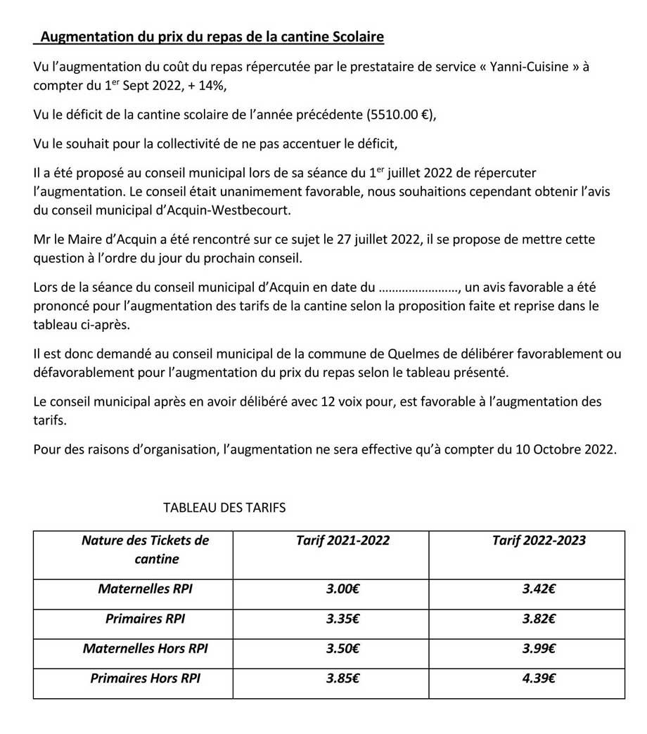 Augmentation du prix du repas de la cantine scolaire page 1