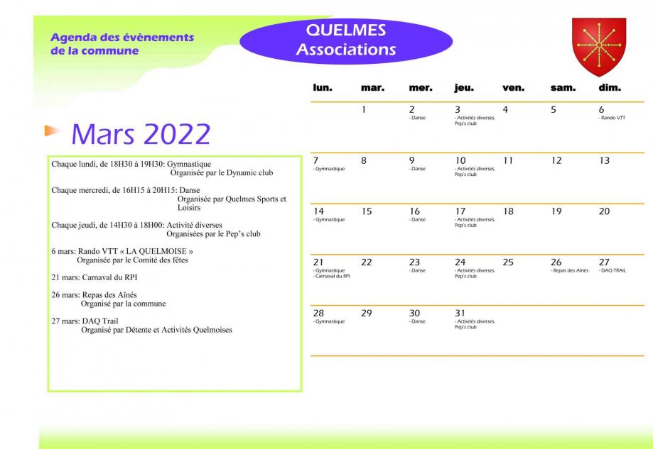 Calendrier des associations de quelmes mars