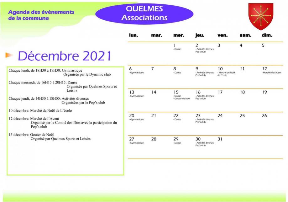 Calendrier des associations de quelmes decembre 2022