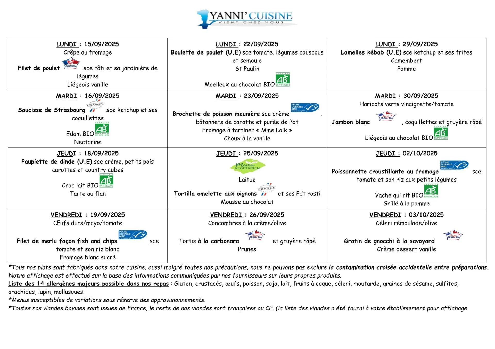 Menu du 15 septembre au 03 octobre 2025