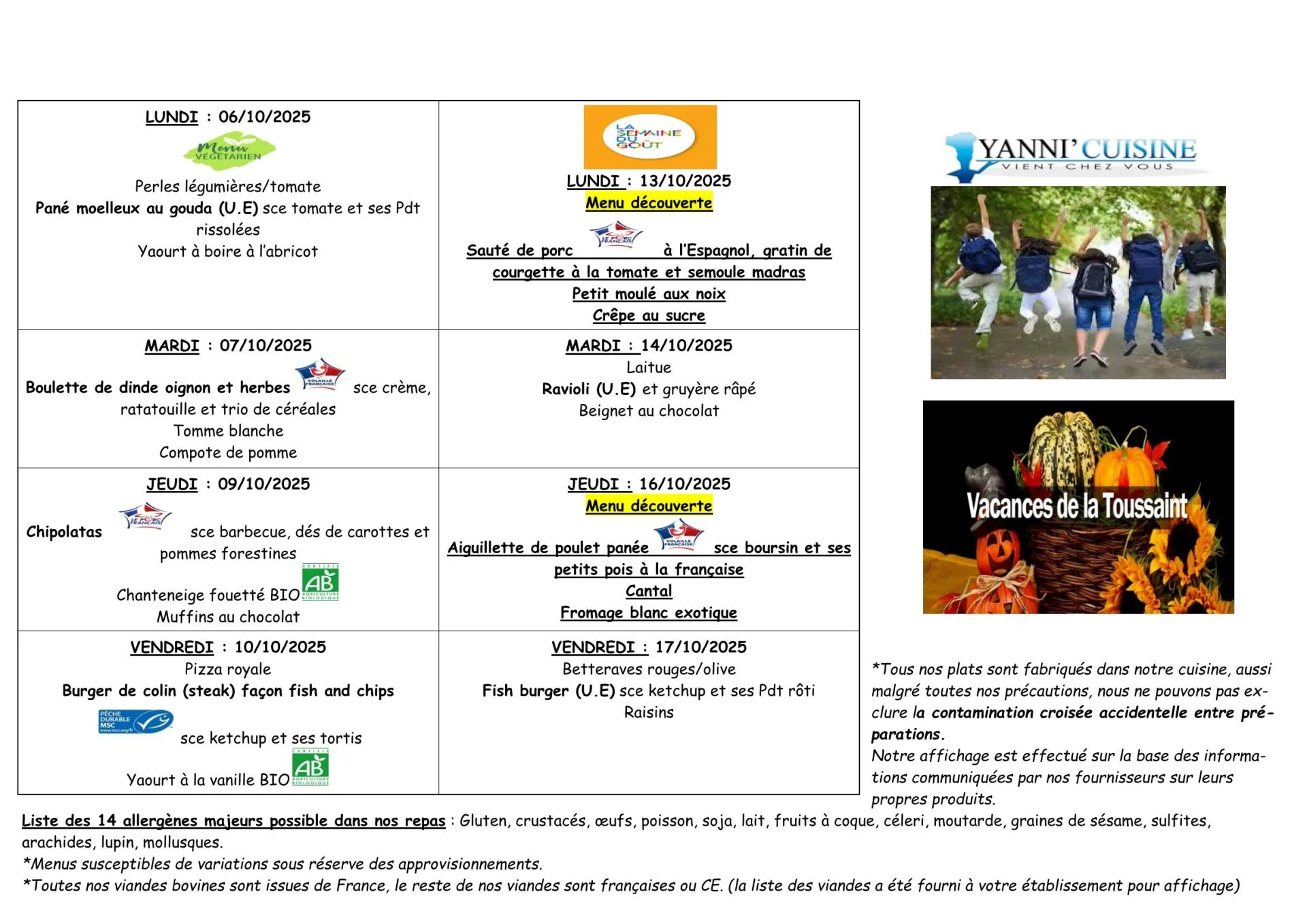 Menu du 6 au 17 octobre 2025