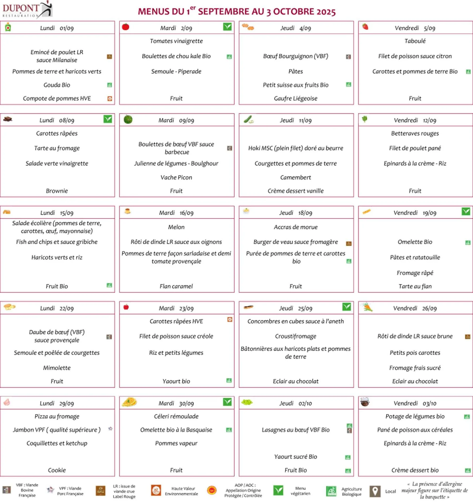 Menus du 1er septembre au 3 octobre