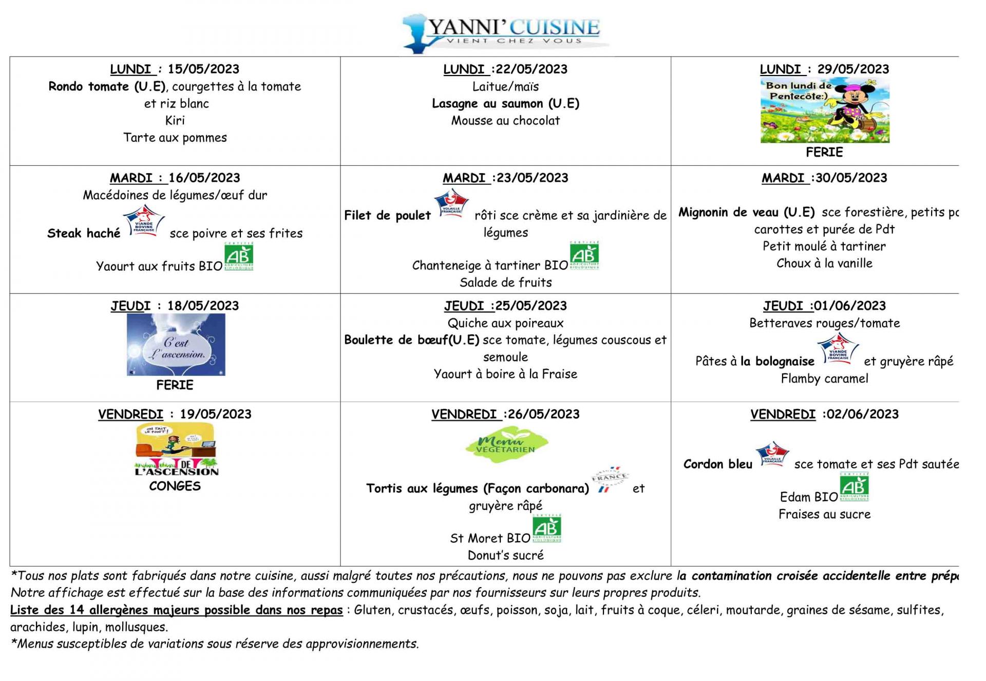Menus scolaires du 15 mai au 1er juin