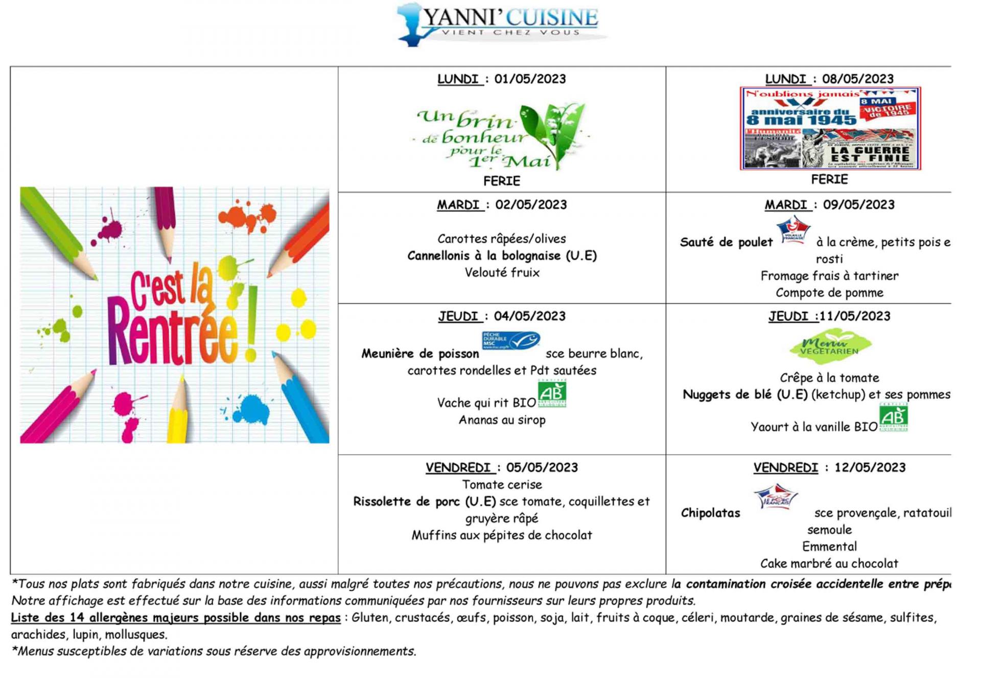 Menus scolaires du 2 mai au 12 mai