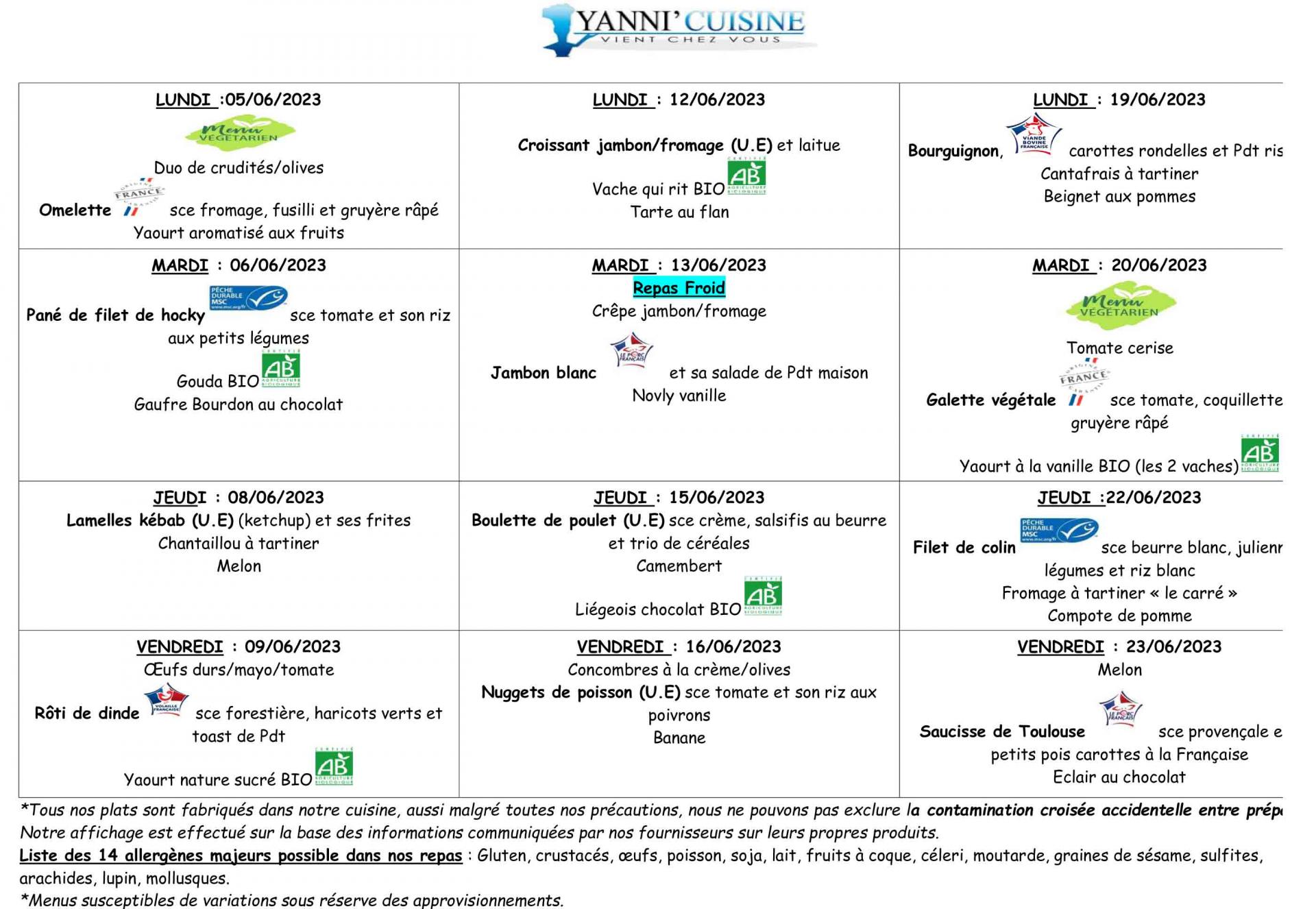 Menus scolaires du 5 au 23 juin